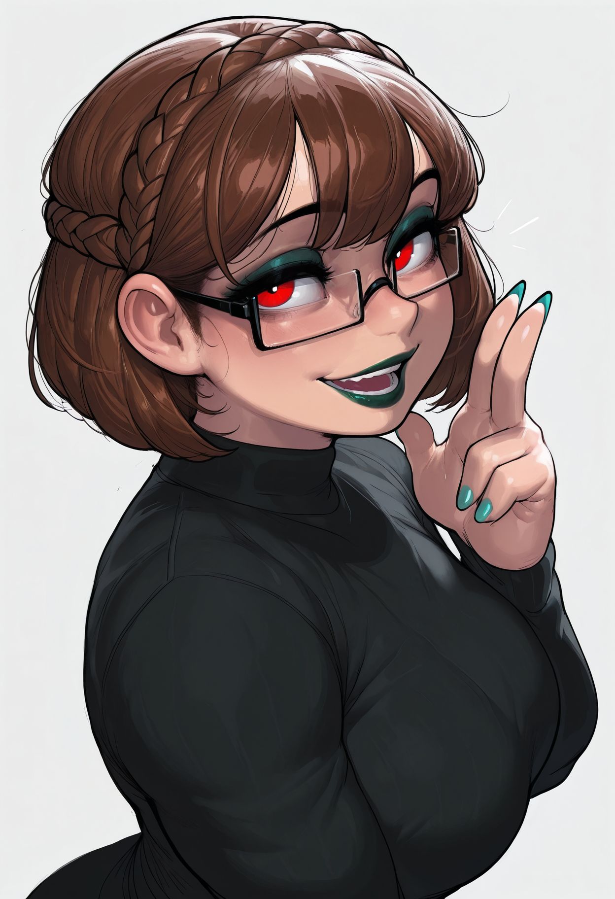 masterpiece,best quality,amazing quality, <lora:krekkov_style_ilxl_goofy:1> krekkov style,1girl, aqua nails, black shirt, black sweater, bob cut, braid, brown hair, cosplay, crown braid, fingernails, lipstick, long fingernails, looking at viewer, makeup, nail polish, open mouth, rectangular eyewear, red eyes, semi-rimless eyewear, shirt, short hair, smile, sweater, white background