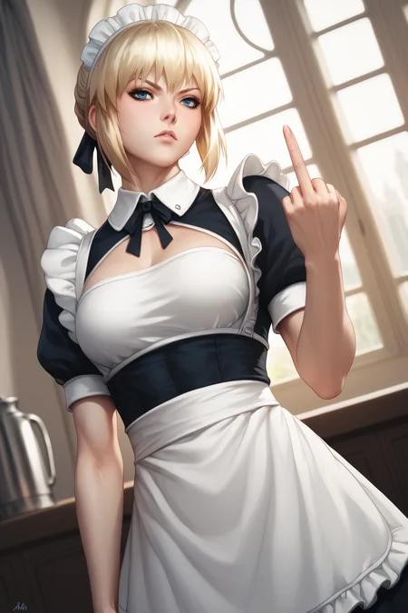 score_9, score_8_up, score_7_up, aesthetic, intricate details, 1girl,  <lora:stanley_lau-pony:1> stanley_lau_style, realistic, saber_(fate), blonde hair,  blue eyes, maid, maid headdress, maid apron, white apron, serious, dutch angle, room, window, \||/, middle finger,