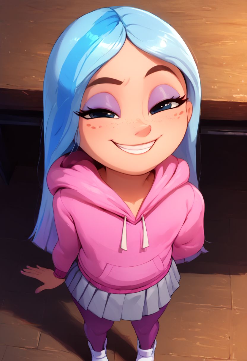 Classroom, andrea, 1girl, cute, (cute:1.3), pretty girl, (petite girl), young, solo, eyelashes, solo focus, andrea, 1girl, makeup, eyeshadow, freckles, light blue hair, long hair, multicolored hair, flat chest, long sleeves, pink hoodie, skirt, pink fingernails, pleated skirt, grey skirt, purple pantyhose, white shoes, score_9, score_8_up, score_7_up, Expressiveh, 
Closed mouth, standing, looking at viewer, from above, smug, half closed eyes, grin, teasing, , pov, smile, upper body, 
<lora:Styles\Twilight Style.safetensors:0.8> <lora:Styles\Disney Princess.safetensors:0.8, syuro , shiny skin