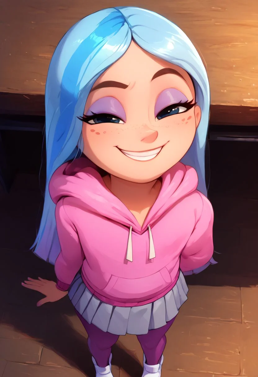 Classroom, andrea, 1girl, cute, (cute:1.3), pretty girl, (petite girl), young, solo, eyelashes, solo focus, andrea, 1girl, makeup, eyeshadow, freckles, light blue hair, long hair, multicolored hair, flat chest, long sleeves, pink hoodie, skirt, pink fingernails, pleated skirt, grey skirt, purple pantyhose, white shoes, score_9, score_8_up, score_7_up, Expressiveh,
Closed mouth, standing, looking at viewer, from above, smug, half closed eyes, grin, teasing, , pov, smile, upper body,
<lora:Styles\Twilight Style.safetensors:0.8> <lora:Styles\Disney Princess.safetensors:0.8, syuro , shiny skin