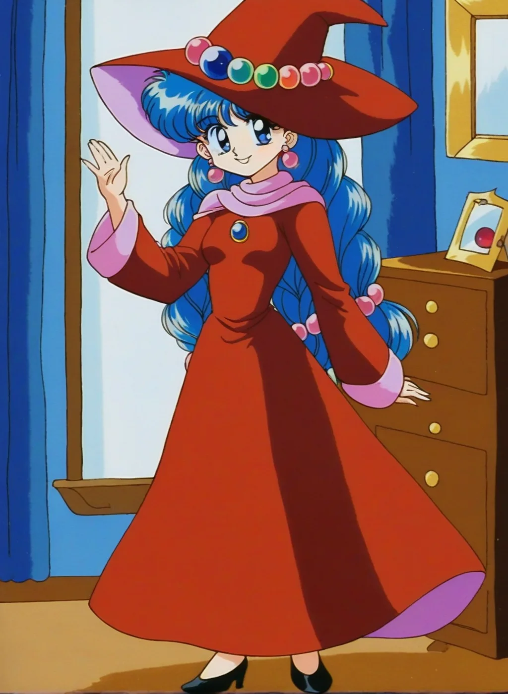 1girl, solo, full body, indoors, bedroom, smile, standing, looking at viewer, <lora:lufia_pony:1>, lufia, long hair, jewelry, earrings, Dark Red hat, witch hat, witch, blue eyes, blue hair, Dark Red dress, small breasts, bangs, retro artstyle, braid, long sleeves,