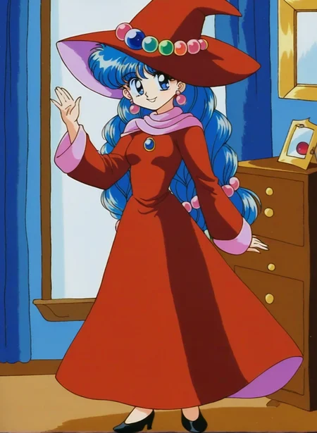 1girl, solo, full body, indoors, bedroom, smile, standing, looking at viewer,  <lora:lufia_pony:1>, lufia, long hair, jewelry, earrings, Dark Red hat, witch hat, witch, blue eyes, blue hair, Dark Red dress, small breasts, bangs, retro artstyle, braid, long sleeves,