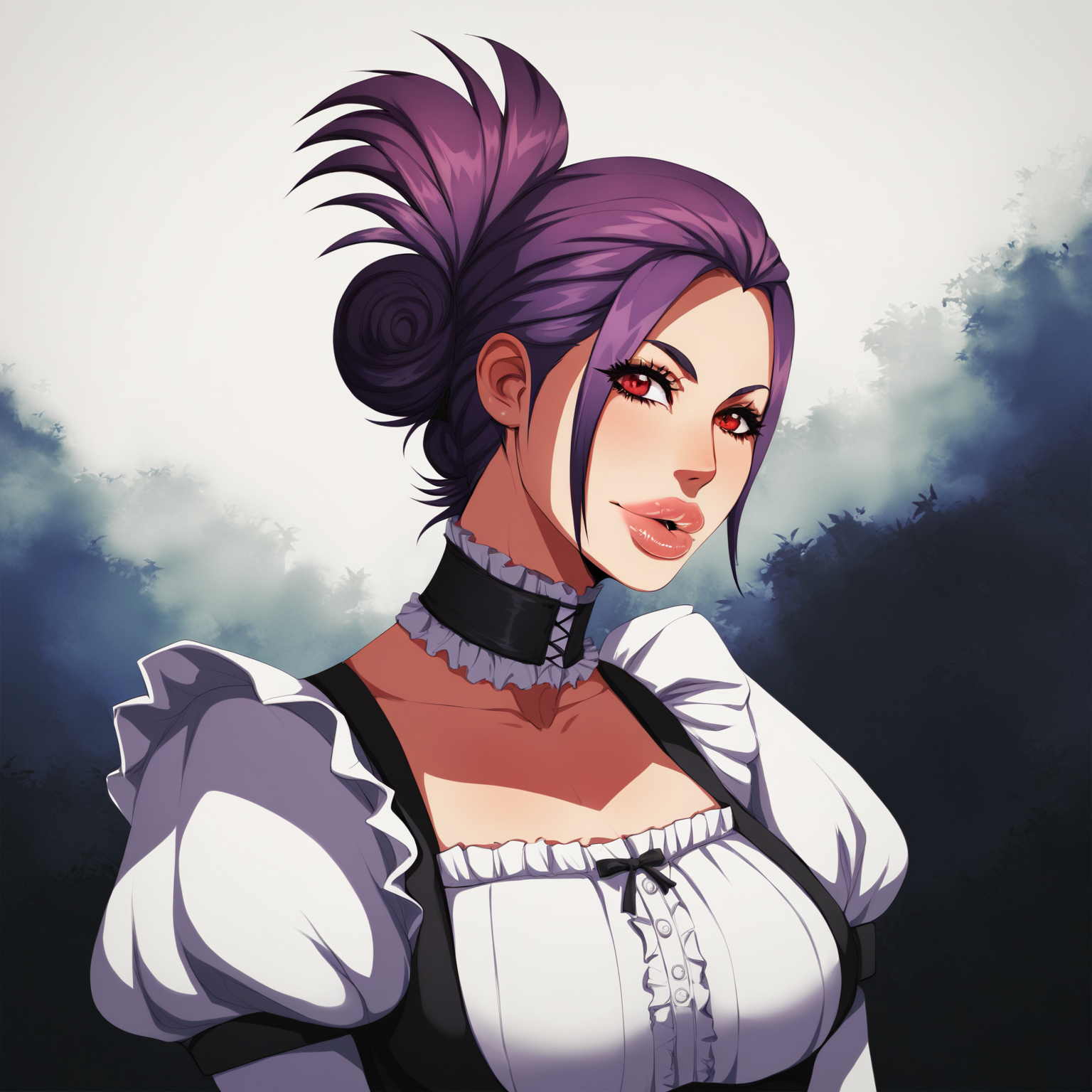score_9, score_8_up, score_7_up, score_6_up, score_5_up, score_4_up, cyberunique \(artist\), @cyberuniqueart, naruto_bomb \(series\), background: medieval, source_anime, 1girl, solo,purple hair, red eyes, folded ponytail, barmaid outfit, large tits, big lips,<lora:Cyberunique-@CyberuniqueArt-Naruto Bomb_PonyXL:1>