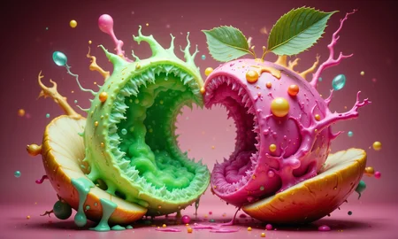 masterpiece, hyper realism, a high-resolution photograph, golden ratio, dutch angle, dynamic, side view, asymmetry, contrasting, unique, enigmatic, Crisp Apple Green Neon Pink