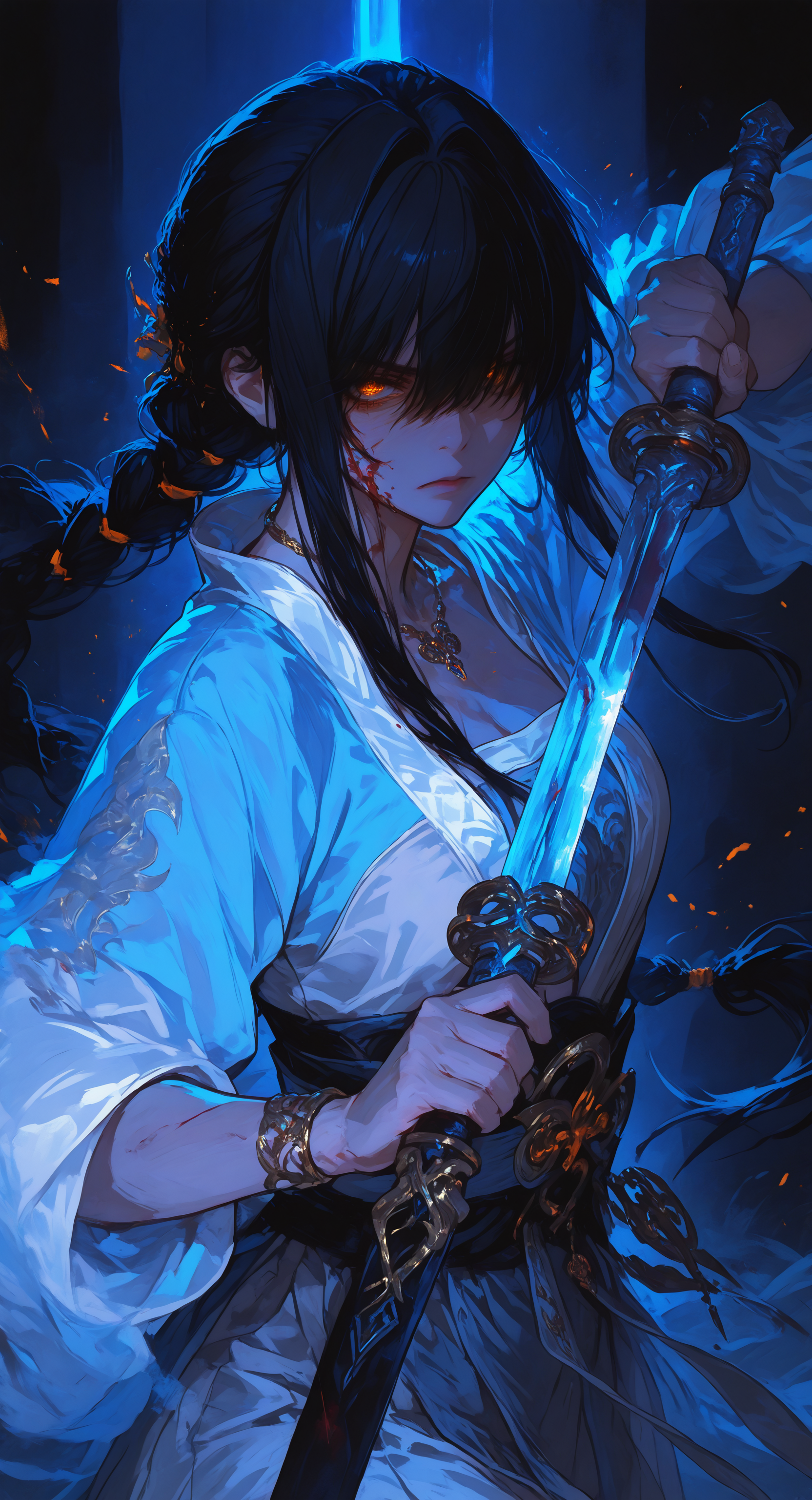 masterpiece, best quality, Good quality, very aesthetic, absurdres, newest, 1girl, black hair, blood, blood on face, bracelet, braid, braided ponytail, fighting stance, floating hair, hair intakes, hair over eyes, holding, holding sword, holding weapon, hanfu, jewelry, long hair,necklace, orange eyes, serious, sidelocks, single braid, sword, weapon, looking at viewer, Cool And Blue Lighting, <lora:spo_sdxl_10ep_4k-data_lora_webui:1> <lora:ponyv4_noob1_2_adamW-000017:0.7> <lora:748cmSDXL:1> <lora:GBF_Illustrious:0.6>