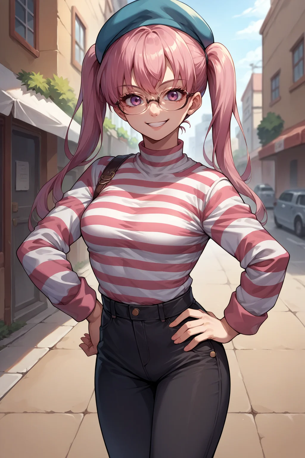 score_9, score_8_up, score_7_up, score_6_up, source_anime, 1girl, solo, <lora:feserra-pdxl-nvwls-v1-000007:1> defSerra, pink hair, twintails, medium breasts, beret, striped shirt, long sleeves, black pants, looking at you, glasses, smile, street, hand on hip