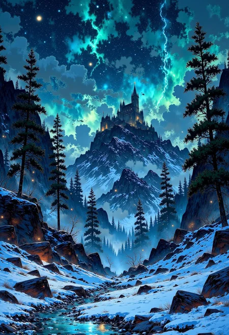 The Everfrost Valley – Ice Crystals & Snowy Pines (Frozen & Mystical)
"A vast frozen valley where towering ice crystals glow softly in the endless twilight. Snowflakes dance lazily through the air, catching the pale light of the twin moons. Ancient pine trees stand frozen in time, their branches heavy with shimmering frost. A mysterious castle of ice and mist stands in the distance, its spires reflecting the swirling auroras above."