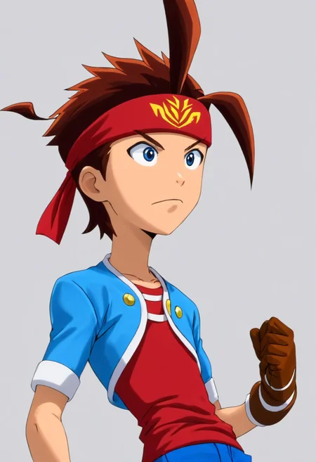 score_9, score_8_up, score_7_up, brown hair, spiked up hair, blue eyes, red headband with golden design, a red shirt, blue pants, light blue jacket, gloves, brown gloves