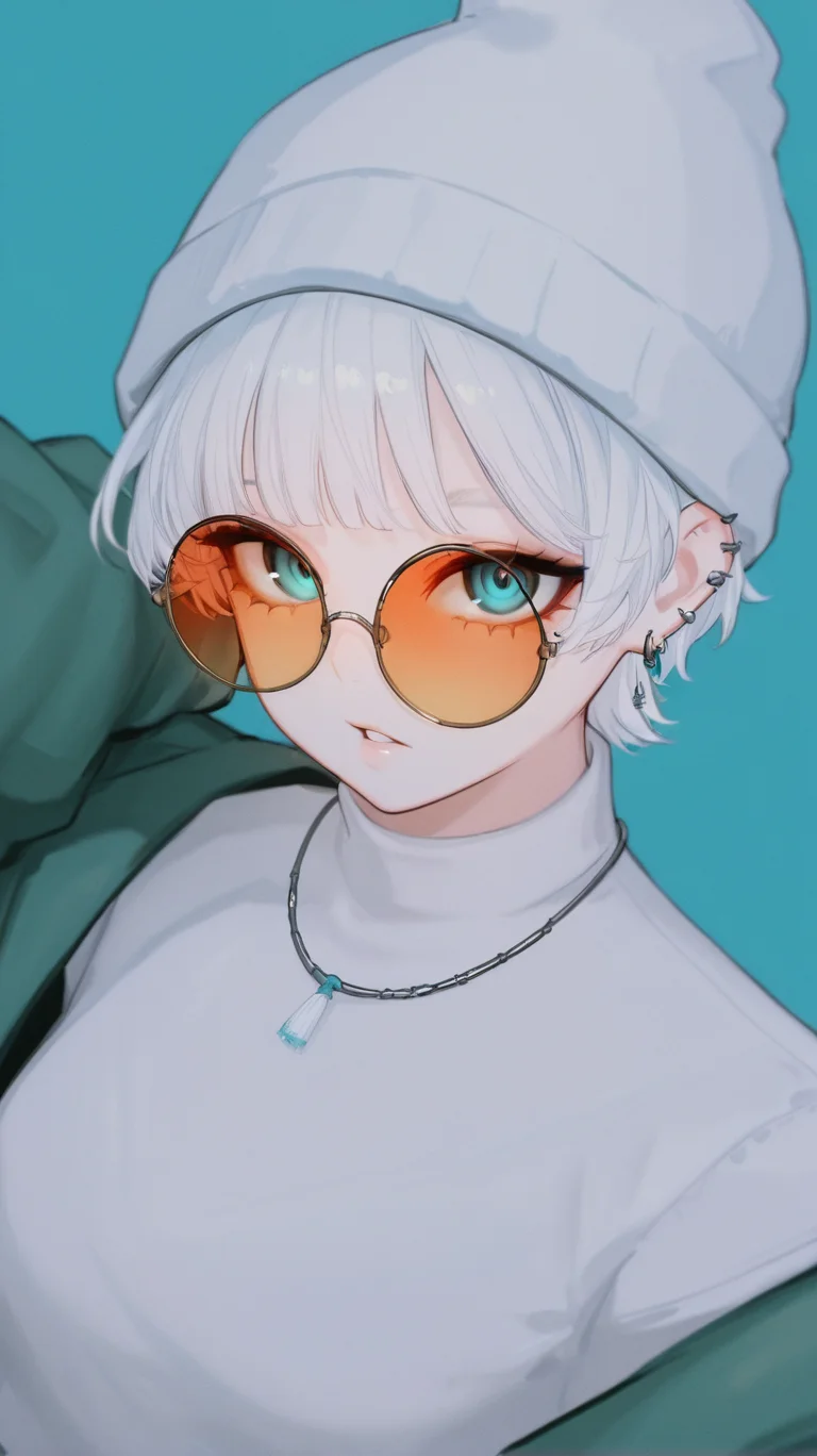 1girl, solo, looking_at_viewer, short_hair, bangs, blue_eyes, simple_background, shirt, hat, jewelry, jacket, upper_body, white_hair, earrings, parted_lips, blunt_bangs, necklace, white_headwear, blue_background, piercing, sunglasses, ear_piercing, green_jacket, round_eyewear, beanie, tinted_eyewear, aqua_background, orange-tinted_eyewear