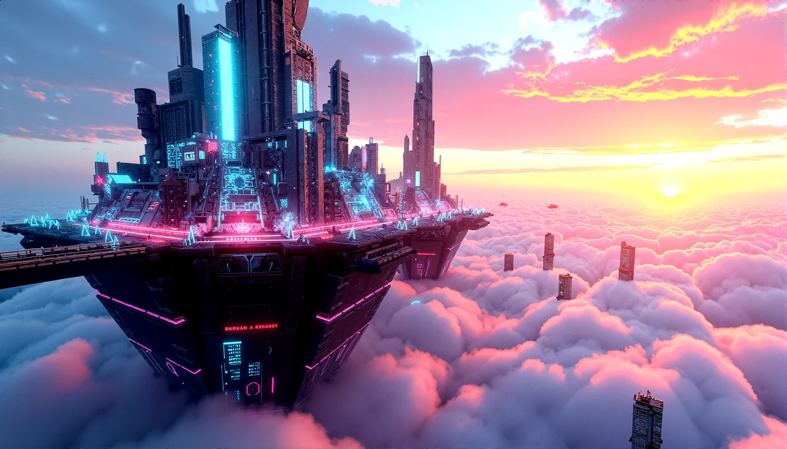 A city built on massive floating platforms above the clouds. Skyscrapers rise from the platforms, their bases shrouded in mist. The city is interconnected by sleek, transparent walkways, and the air is filled with flying vehicles and drones.Nature reclaiming parts of the city, with plants that glow with neon lights intertwined with the decaying architecture.Fields of plasma energy that distort light, creating shimmering waves of color and light around them. Random glitches in the holographic displays throughout the city, causing light to distort and break.Urban crystals that glow with a soft, inner light, embedded in the city's architecture.
A sunset that glitches and shifts in color, with rays of light that break into pixels and reform as they pass through the atmosphere.