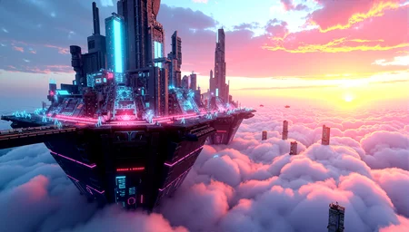 A city built on massive floating platforms above the clouds. Skyscrapers rise from the platforms, their bases shrouded in mist. The city is interconnected by sleek, transparent walkways, and the air is filled with flying vehicles and drones.Nature reclaiming parts of the city, with plants that glow with neon lights intertwined with the decaying architecture.Fields of plasma energy that distort light, creating shimmering waves of color and light around them. Random glitches in the holographic displays throughout the city, causing light to distort and break.Urban crystals that glow with a soft, inner light, embedded in the city's architecture.
A sunset that glitches and shifts in color, with rays of light that break into pixels and reform as they pass through the atmosphere.