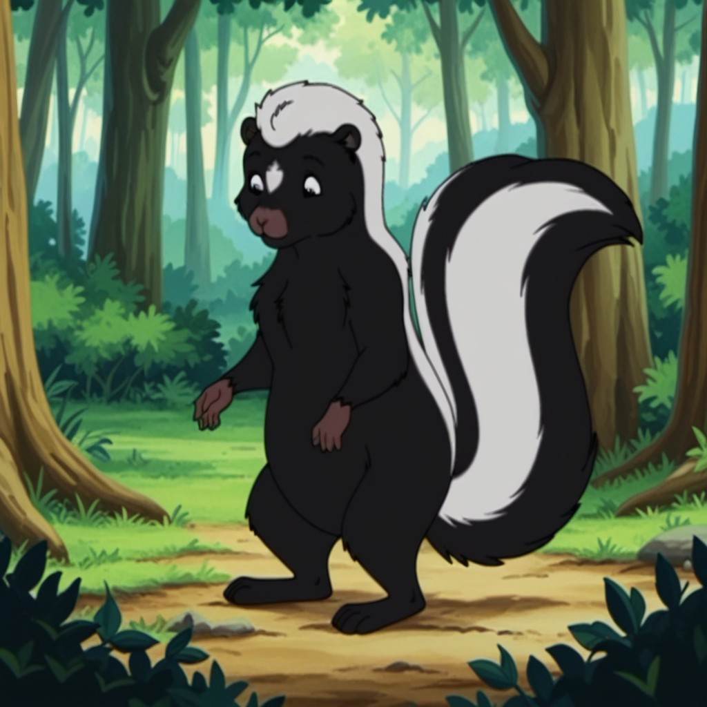masterpiece, best quality, amazing quality, skunkfrnklnilv2, feral, female skunk, black eyes, black fur, white hair, standing, in forest,  solo, <lora:5e82dbd2-b36c-4ed9-aeae-3ebee0afd9be:1.0>