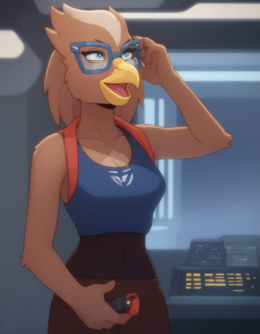 score_9, score_8_up, score_7_up, <lora:FrigleemanPonyXL:1> Frigleeman, anthro, female, bird, glasses, solo, star trek, typing,