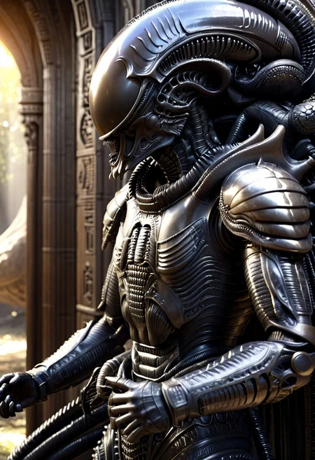 A xenomorph hunter, monster, Ornamental armor, armor, Ornamental chestplate with silver ancient alien runs, (fantasy scenery:1.3), intricate details, highly detailed, high resolution, HDR, realistic, dusty sunlight, ray_tracing, sun_flare, cinematic, perfect lighting, (vivid colors:1.3, color full:1.3), ultra detailed 8k cg, (best quality), (masterpiece:1.4), bokeh, depth of field, photorealistic, caustics, perfect shading,(hyperrealistic 3d render),art by hr giger,