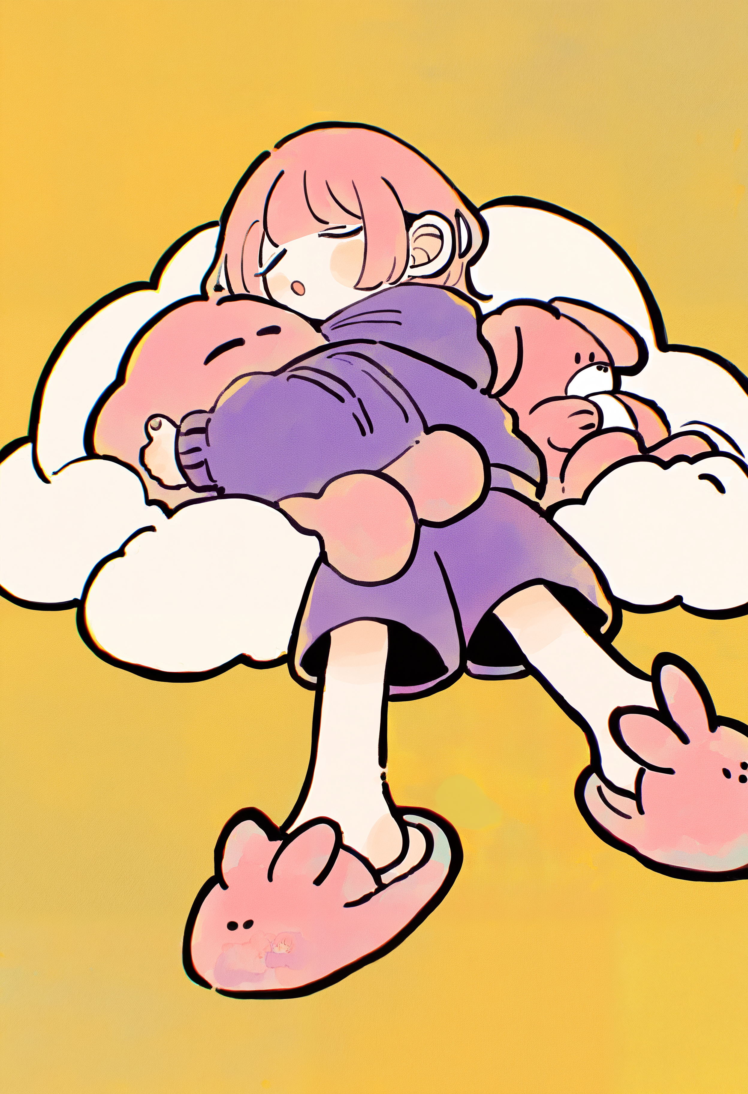 masterpiece, absurdres, newest, very awa, chromatic aberration,   1girl, solo, pink hair, purple hoodie, purple shorts, animal slippers, rabbit slippers,   stuffed animal, stuffed rabbit, holding stuffed toy,   white cloud, lying on cloud, on stomach, sleeping, :o,   yellow background, simple background,  <lora:spo_sdxl_10ep_4k-data_lora_webui>,  <lora:TA_trained:0.35>,  <lora:NOOB_EPSv1_1_detailer_by_vlnvk_v0_5>,  <lora:omoguuu:0.8>
