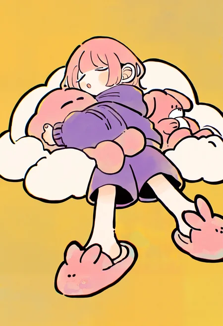 masterpiece, absurdres, newest, very awa, chromatic aberration, 1girl, solo, pink hair, purple hoodie, purple shorts, animal slippers, rabbit slippers, stuffed animal, stuffed rabbit, holding stuffed toy, white cloud, lying on cloud, on stomach, sleeping, :o, yellow background, simple background, <lora:spo_sdxl_10ep_4k-data_lora_webui>, <lora:TA_trained:0.35>, <lora:NOOB_EPSv1_1_detailer_by_vlnvk_v0_5>, <lora:omoguuu:0.8>