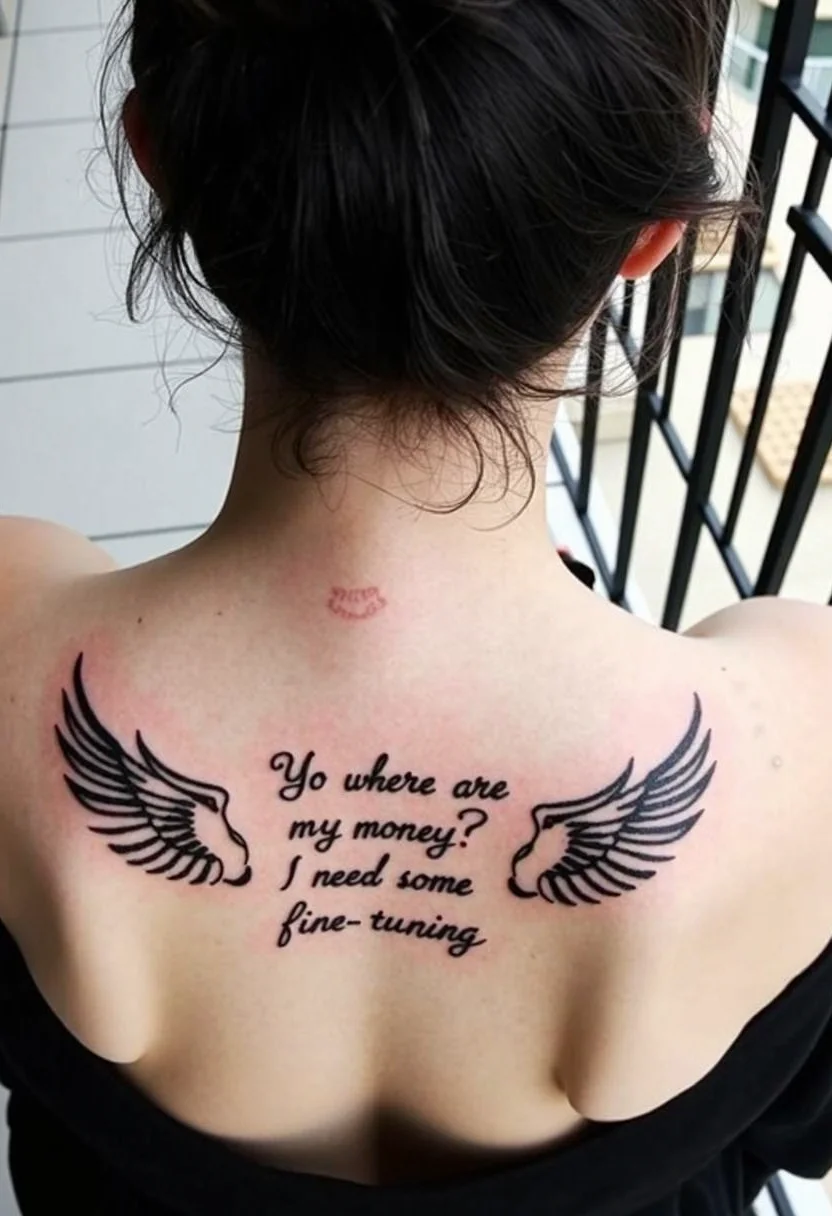 Back tattoo featuring text design with wing illustrations, dark text reading visible 'Yo, where are my money? I need some for fine-tuning', wing outlines drawn in sketch-like style, young woman wearing black top pulled down to show tattoo, dark hair in messy updo style, indoor setting with visible metal railing background, natural daylight illumination, white tiled floor visible, tattoo appears fresh with slight redness around edges, centered composition, close-up perspective of upper back area, monochromatic tattoo design style, minimalist font choice, symmetric wing placement on either side of text, indoor balcony or porch setting visible, cool natural lighting conditions