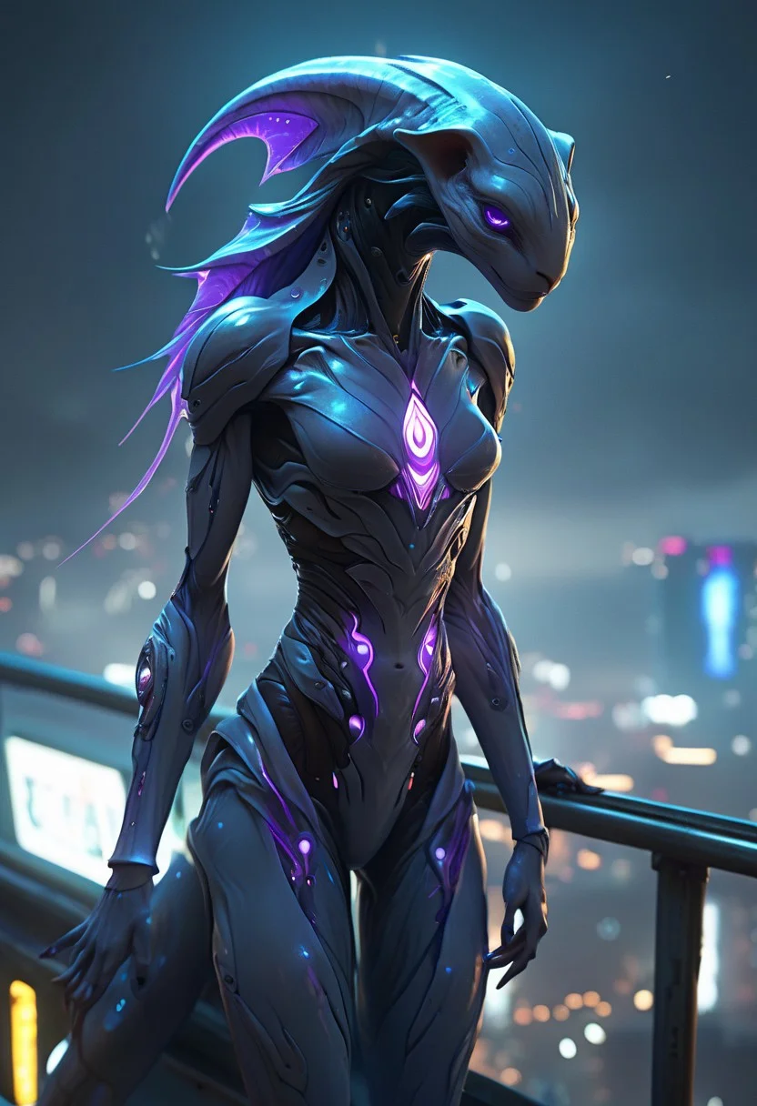 score_9, score_8_up, score_9_up, SilverPulse, Fantasy Creature, portrait, close to the face, alien girl, feminime, female, 1girl, four arms, Avatar navi alien with purple skin, tail, big eyes, medium breast, dark grey poncho, running on the top of train, yellow train, cyberpunk city, night, neon light, rainy