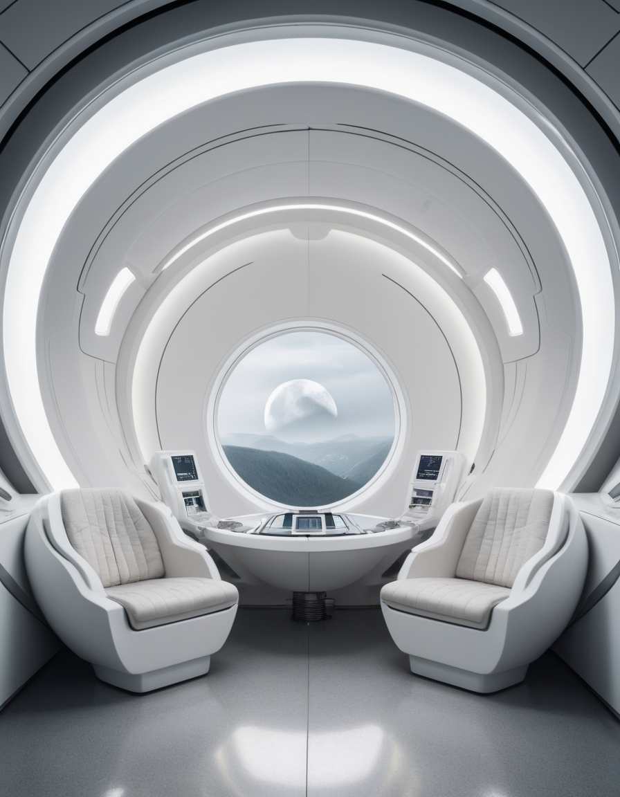 (Futuristic spacecraft interior:1.3), (sleek white panels:1.1), reflective floor, (circular viewport:1.2) with view of (distant moon:1.2), ambient light, (neon accents:1.1), advanced technology, sterile environment, science fiction ambiance, interstellar travel, Sony A7R IV, 1/50s, f/2.8, ISO 640, wide-angle perspective, spatial depth, architectural symmetry, minimalist design, (cool tones:1.1), LED lighting, conceptual art,