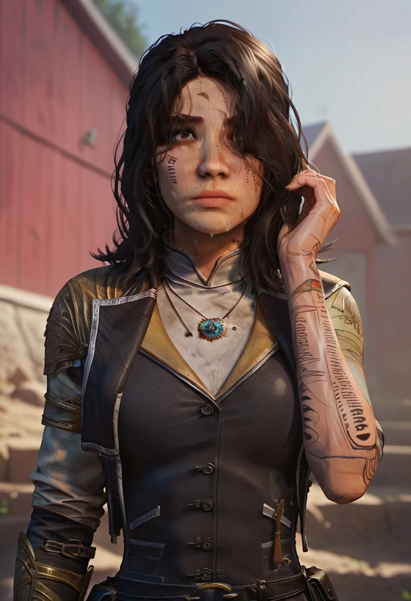 score_9, score_8_up, score_7_up,((masterpiece)), sharp focus, 1girl,solo, (lune, black hair, brown eyes, gold arm tattoo, gold leg tattoo, black facial tattoo, (tattoo writing over left eye:1.1):1.2), (armor, clair obscur expedition 33, pants, single arm glove:1.2), close up, perfect face, hd quality, high quality, detailing face, detailing body, deatiled apartament, abounded house, front view, dirt on face, hand up, standing, sunlights on hair