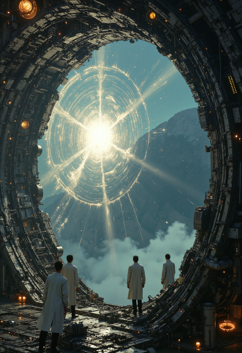 Freeze frame. Inside the huge test chamber of the Large Hadron Collider. Collision of high-energy particles. The collapse of space-time. Distortion of space. Employees in white coats froze on the structures of the camera. Time has stopped. A technological drama, a techno-apocalypse., 
in the style of cksc, 

The overall composition feels cinematic,  iridescent lens flare. Frank Frazetta, (Depth of field), , detail. mythp0rt, Stylish, charismatic.

