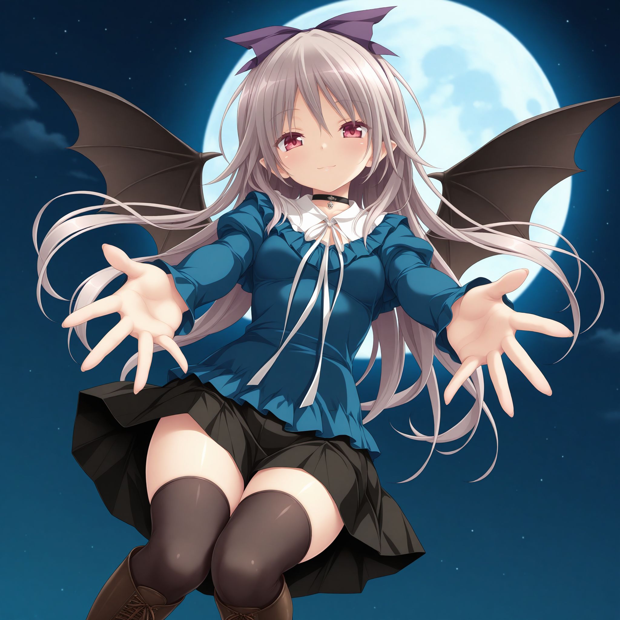 <lora:Mary_Harker_1_nai-000041:1>,Mary Harker,hair bow,hair ribbon,
demon wings,bat wings,
regular clothes,zettai ryouiki,black thighhighs,choker,black skirt,long sleeves,white collar,
brown footwear,boots,
1girl,solo,night,smile,flying,full moon,simple background,depth of field,looking at viewer,looking down,front view,reaching towards viewer,knee up,legs together,