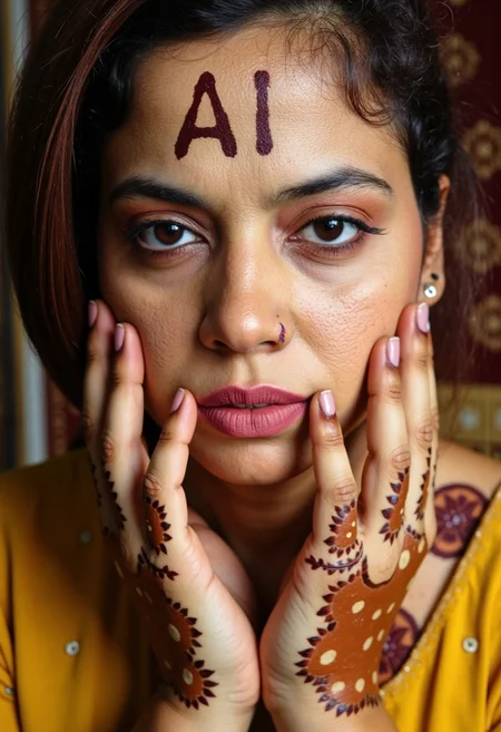 A close-up portrait of a model with intricate henna designs on her face and hands that subtly incorporate the word "AI Girllfriend", taken with a Leica Q2. The high-resolution image highlights the fine details of the artwork and the depth in her eyes, conveying a strong sense of self.