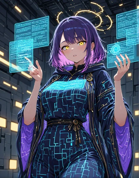 masterpiece, best quality, good quality, very aesthetic, absurdres, newest, 8K, depth of field, in the style of cknc, artist:moriimee, in the style of cksc,
1girl, short purple hair, glowing streaks, yellow eyes, medium breasts, firm, circuit-patterned robe, glossy skin, casting hologram, looking at viewer, from front
BREAK
futuristic lab, glowing screens, sparks flying
BREAK,gamerface_focus, face emotion full focus,parted lips, <lora:ya_gamers_emotions:1>