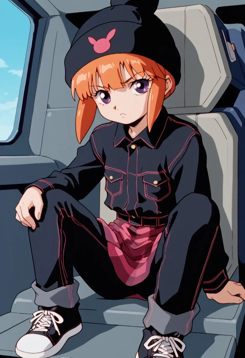 score_8, score_8_up, score_7_up, AWGXS, anime screenshot, retro artstyle,1990s (style), cel animation BREAK 1girl, female focus, solo, looking at viewer, usagi_kurokawa, beanie, black headwear, hat ornament, orange hair, bangs, short hair, sidelocks, denim jacket, black jacket, collared jacket, breast pocket, long sleeves, skirt, plaid skirt, pants under skirt, black pants, jeans, sneakers, black footwear, cockpit, sitting, looking at viewer, straight-on, serious expression,