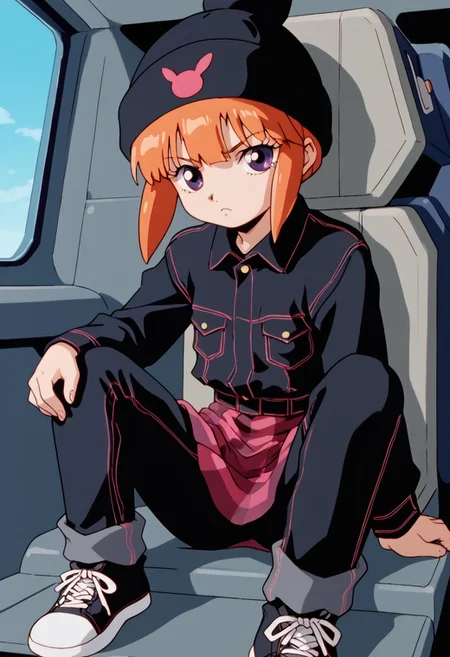 score_8, score_8_up, score_7_up, AWGXS, anime screenshot, retro artstyle,1990s (style), cel animation BREAK 1girl, female focus, solo, looking at viewer, usagi_kurokawa, beanie, black headwear, hat ornament, orange hair, bangs, short hair, sidelocks, denim jacket, black jacket, collared jacket, breast pocket, long sleeves, skirt, plaid skirt, pants under skirt, black pants, jeans, sneakers, black footwear, cockpit, sitting, looking at viewer, straight-on, serious expression,