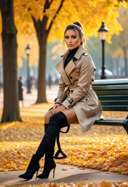 photo of    -10000 beautiful woman ,seductive,Pony tail,in the park,sits on a park bench,Autumn,very short  trench coat , high heel Boots , masterpiece) (best quality) (detailed) (8k) (HDR) (wallpaper) (cinematic lighting) (sharp focus) (intricate)