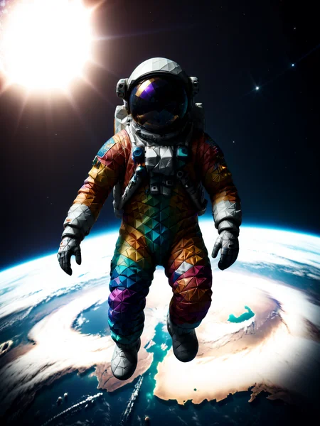 colorful mad-triangle astronaut floating in orbit of earth, cinematic shot, detailed illustration, cinematic shot  <lora:Colorful_Triangle_SDXL_v2:1.2>, raw photo, film grain, Fujifilm XT3, (photorealistic, realistic:1.2), deep shadow,  8k, uhd, dslr, ultra high res