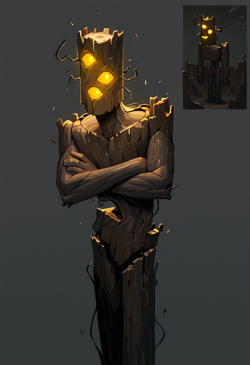 masterpiece, best quality, amazing quality, very aesthetic, absurdres, newest, cinematic, movie scene, foreground blur, 
creaking, no humans, standing, monster, glowing eyes, yellow eyes, solo, 3 eyes, yellow sclera, wooden body,
upper body, no legs, crossed arms, dynamic angle, fan art, character sheet, solo, grey background, cartoon, screencap, fan art