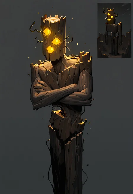 masterpiece, best quality, amazing quality, very aesthetic, absurdres, newest, cinematic, movie scene, foreground blur, 
creaking, no humans, standing, monster, glowing eyes, yellow eyes, solo, 3 eyes, yellow sclera, wooden body,
upper body, no legs, crossed arms, dynamic angle, fan art, character sheet, solo, grey background, cartoon, screencap, fan art