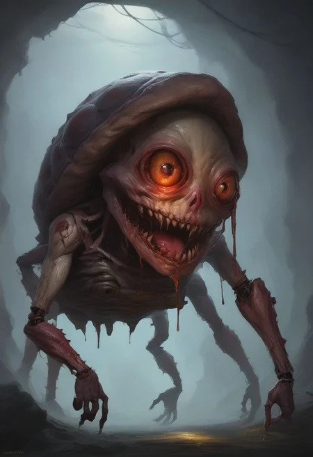 Score_9, score_8_up, score_7_up, fleshtones, (body horror:1.1), twisted and mangled, cybermutant, clouds made of blood, eyes emanating light, godrays, stitches, fleshmutant, mollusk, shell, soft meat, preying, stalking, dimly lit flash photography in the dark, concept art, realistic, dark theme, low light, compound eyes, human limbs,