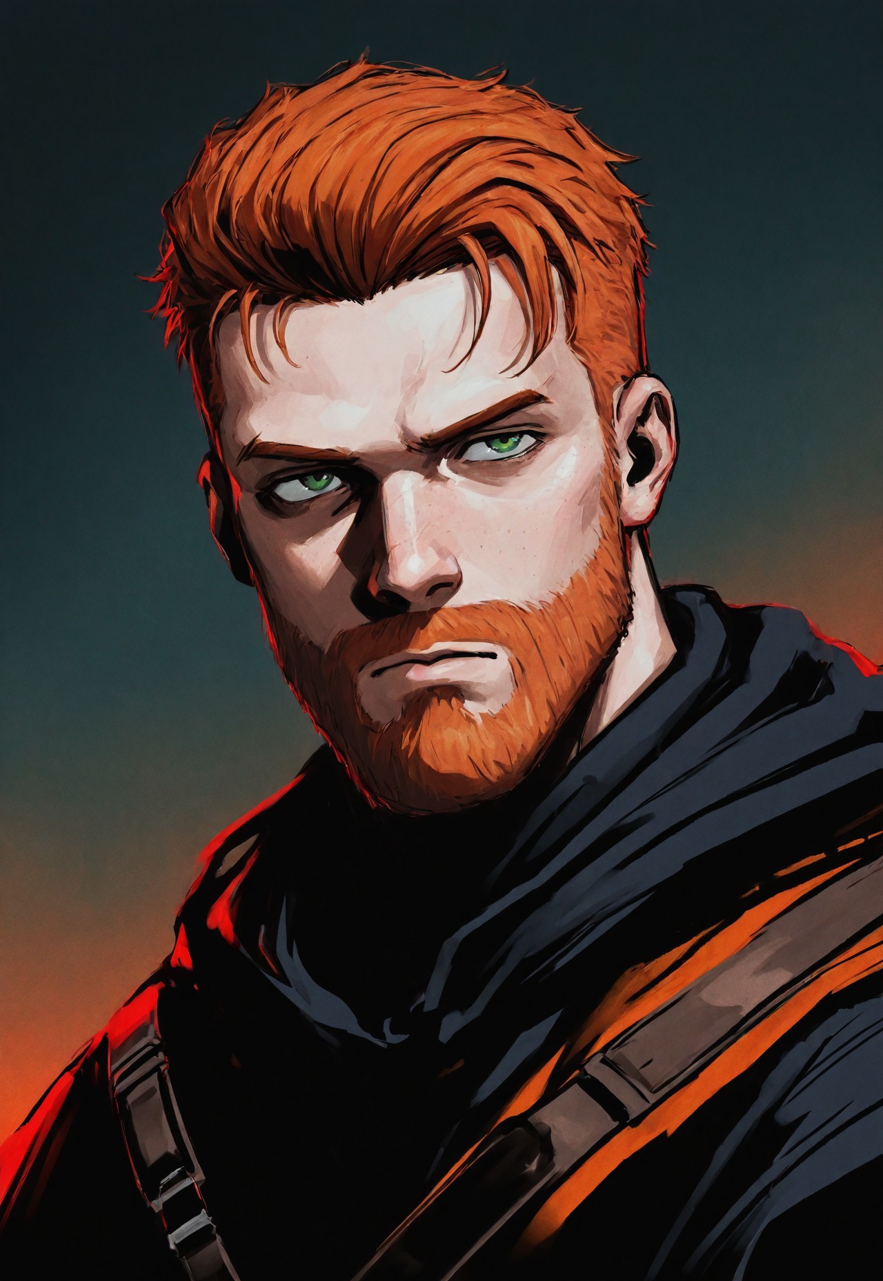 Smooth_Quality, masterpiece, best quality, amazing quality, very aesthetic, absurdres, newest, detailed background, kalKes, 1boy, solo, orange hair, crew cut, beard, green eyes, poncho, portrait