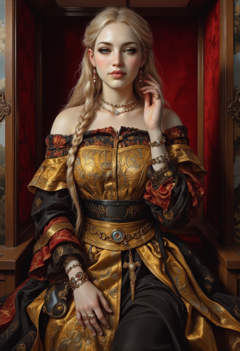 A Renaissance-style closeup portrait of an oil painting of a woman from the chest up sitting before a heavy velvet dressing screen, draped in a meticulously crafted Renaissance gown with modern embellishments. The off-the-shoulder dress, made of deep crimson velvet, features an embroidered golden corset laced with delicate black silk ribbons and a subtle digital luminescence outlining the brocade patterns. Her sleeves are long and flowing, gathered at the wrists with metallic clasps shaped like circuit patterns. Her pearl-adorned hair is woven with fine gold chains, while a sleek, futuristic data ring on her finger glows faintly in contrast to the antique jewelry adorning her wrists. She stares at the viewer with a subtle smile.
