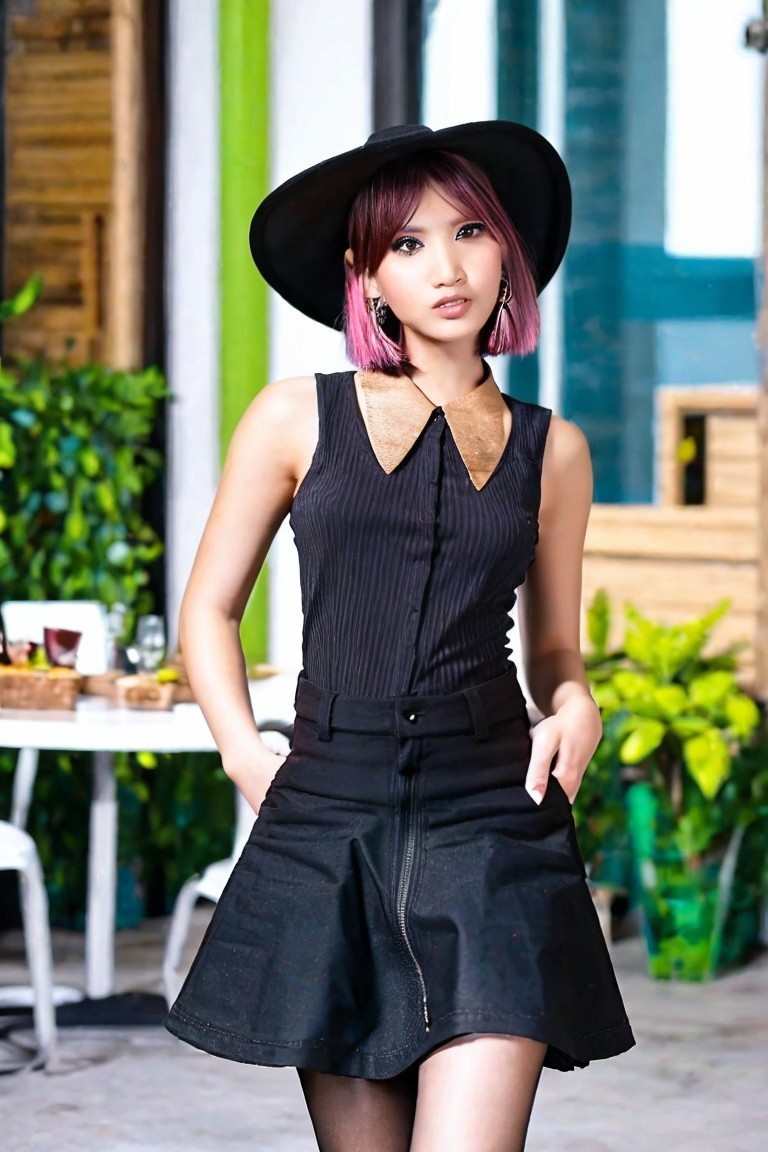 (((dating-pov))), irresistible-1girl, wolf-cut-hair-style, (((casual))), v1cm1n1,  skirt, thighhighs, hat, boots, jewelry, outdoor-dinner, photo background, Ultra-HD-photo-same-realistic-quality-details