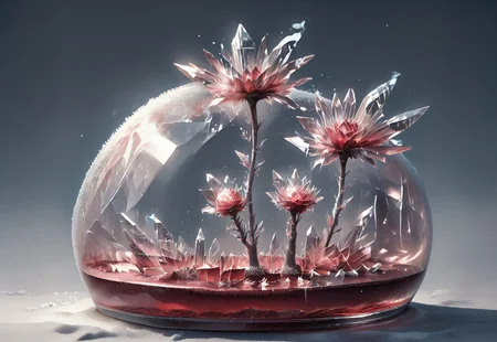 score_9_up, score_8_up, score_7_up, fr0stwrld, ice flower, Quartz crystal, red glass crystal rose within a snow globe