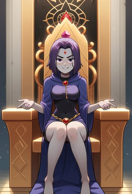 mangamaster, 1girl, raven, grey skin, forehead jewel, sfw, sitting on a throne, regal pose, confident smile