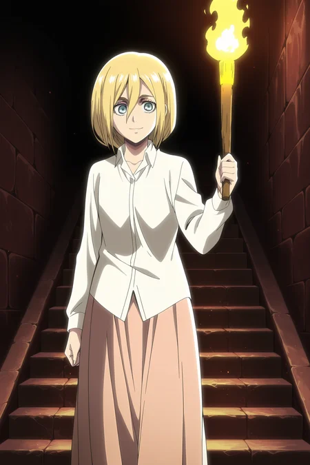 anime screencap, anime coloring, detailed face, masterpiece, best quality, very aesthetic, absurdres, volumetric lighting, official style, amazing quality, ultra detailed,  highres, amazing quality, scenery, beautiful detailed hair, beautiful detailed eyes, detailed fingers,
<lora:Historia_ReissKrista_Lenz_Attack_on_Titan_Seasons_1-3:1>
Historia white colar shirt pink skirt outfit, Historia Reiss (character), 1girl, krista lenz, blonde hair, solo, stairs, torch, long skirt, short hair, pink skirt, shirt, holding torch, hair between eyes, holding, in a dungeon, smile