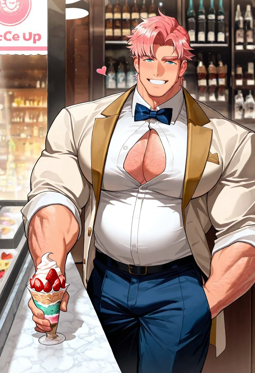 score_9,score_8_up,score_7_up, score_9, score_8_up, Intricate Details, Masterpiece, Best Quality, 1man, mature, bara, solo, male focus, correct anatomy, perfect hands, stylized seinen anime style, lots of details, shaded, detailed shading, detailed skin, counter shading, handsome, ruggedly handsome man with a nice smile. Chest hair, short wind swept hair. Strawberry blond hair color. Dad body, broad shoulders, big pecs, big arms, big stomach. Shirt, jacket, bow tie and nice pants, dressed like he is selling ice-cream. He is a giant hyper-muscular, almost immovable mountain of muscle and fat. He is blushing a bit outside a ice cream store since he is waiting for his date. Has floating hearts around his head
