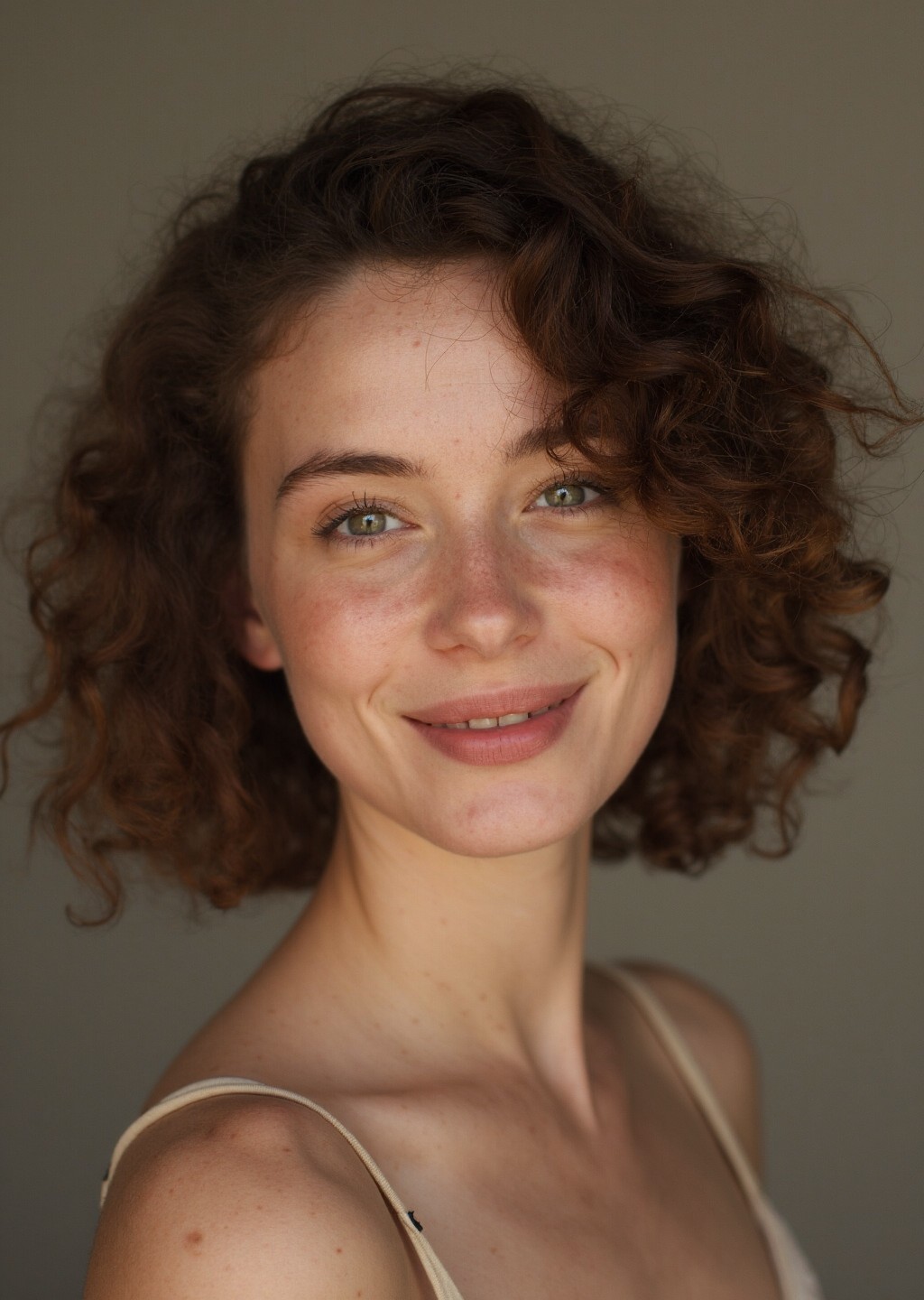 This captivating portrait of a young woman showcases a masterful blend of subtle lighting and nuanced composition. Shot against a neutral background, the subject's face is illuminated by a soft, warm light that accentuates the gentle curves of her features. The camera angle is slightly tilted, allowing the viewer to appreciate the subtle nuances of her expression.

The subject's curly brown hair is styled in a voluminous, natural-looking manner, framing her heart-shaped face and adding to her effortless charm. Her skin, with a subtle scattering of freckles, appears smooth and luminous, thanks to the careful application of lighting that minimizes harsh shadows.

The overall effect is one of understated elegance, with the subject's gaze seeming to hold a quiet confidence. The image is suitable for all audiences and is not suggestive or explicit in any way.