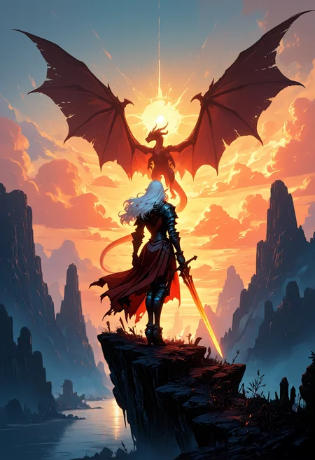 masterpiece, best quality, good quality, very awa, very aesthetic, absurdres, newest, 1girl, solo, long_hair, holding, standing, white_hair, weapon, outdoors, boots, wings, sky, cloud, sword, holding_weapon, from_behind, water, cape, armor, torn_clothes, floating_hair, glowing, holding_sword, cloudy_sky, shoulder_armor, gauntlets, scenery, flying, pauldrons, sunset, rock, breastplate, dragon_tail, mountain, dragon, sun, facing_away, armored_boots, fantasy, wide_shot, greaves, mountainous_horizon, knight, lake, glowing_weapon, torn_cape, cliff, single_pauldron, glowing_sword, spread_wings, plate_armor, shoulder_plates
