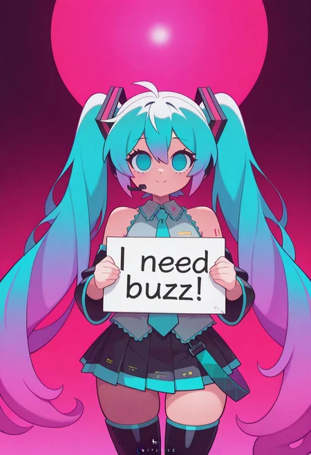 1girl, solo, full_body, cute, empty eyes, perfect_face, beautiful_eyes, (cute_pose), standing, dynamic pose, ((masterpiece)), colorful, glowing hair, stunning, ((looking_at_viewer)), expresive face, ((front view)), easynegative, cowboy shot, filph_style, hatsune_miku, long turquoise twin tails, black and pink hair ties, turquoise hair,turquoise eyes, sleeveless gray top, turquoise tie, pleated black skirt, detached black sleeves, thigh-high black stockings, black boots with turquoise details, futuristic headset, cyberpunk fashion, need_buzz, holding sign