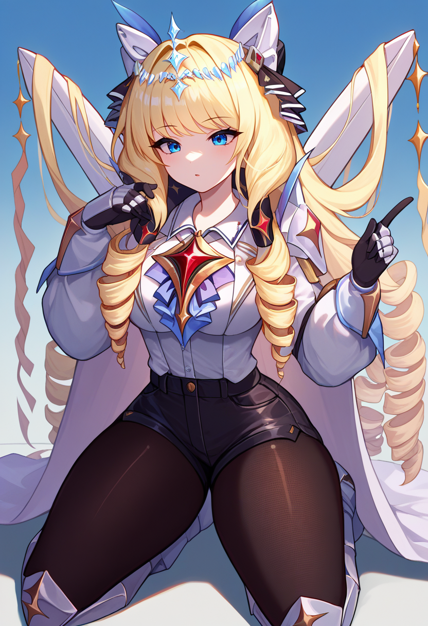 score_9, score_8_up, score_7_up, source_anime BREAK 1girl, solo, <lora:crown-nikke-richy-v1_pdxl:1> nikkecrwn, blonde hair, long hair, drill hair, tiara, hair ornament, headgear, blue eyes, white jacket, white shirt, brooch, center frills, black shorts, high-waist shorts, gloves, wings, armored boots, fishnet pantyhose, kneeling, wide hips, thick thighs
