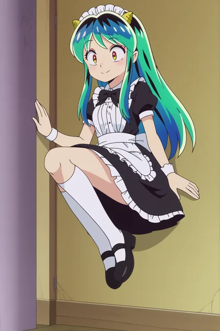 anime screencap, Abandoned carnival with faded attractions and eerie silence, BREAK anime screencap, Fantasy Maid Dress, Lum, light smile, oni horns, Leaning against a wall with legs slightly apart, <lora:Private_Urusei_Yatsura_2022_-Lum-_PDXL_v2:0.8>