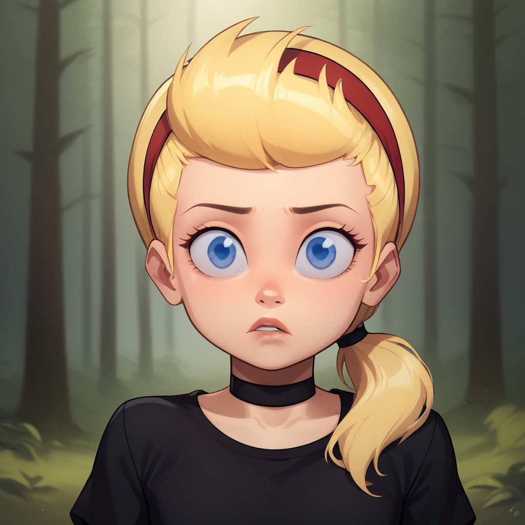 score_7_up, BREAK, 1girl, solo, SissyBlakely, blue eyes, blonde hair,  low ponytail, red hairband, black choker, black shirt,   <lora:SissyBlakely_PXL_Leaf2:0.8>,   forest, upper body,