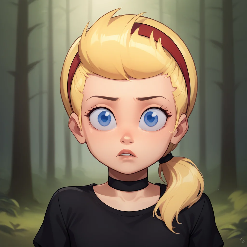 score_7_up, BREAK, 1girl, solo, SissyBlakely, blue eyes, blonde hair, low ponytail, red hairband, black choker, black shirt, <lora:SissyBlakely_PXL_Leaf2:0.8>, forest, upper body,