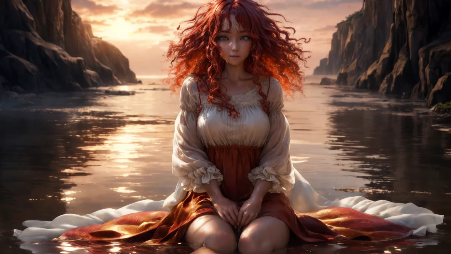 (masterpiece), (best quality), HDR, intricate detail, 1girl, red hair, medium hair, messy hair, floating hair, amber eyes, floating hair, oversized clothes, white dress, wet clothes, wet, wet hair, golden hour, warm glow, beach, rock, reflective water, eyes visible through hair, sitting,
<lora:age_slider_v6:2> <lora:muscle_slider_v1:0.8> <lora:more_details:0.8> <lora:emotion_happy_slider_v1:1> <lora:weight_slider_v2:0>